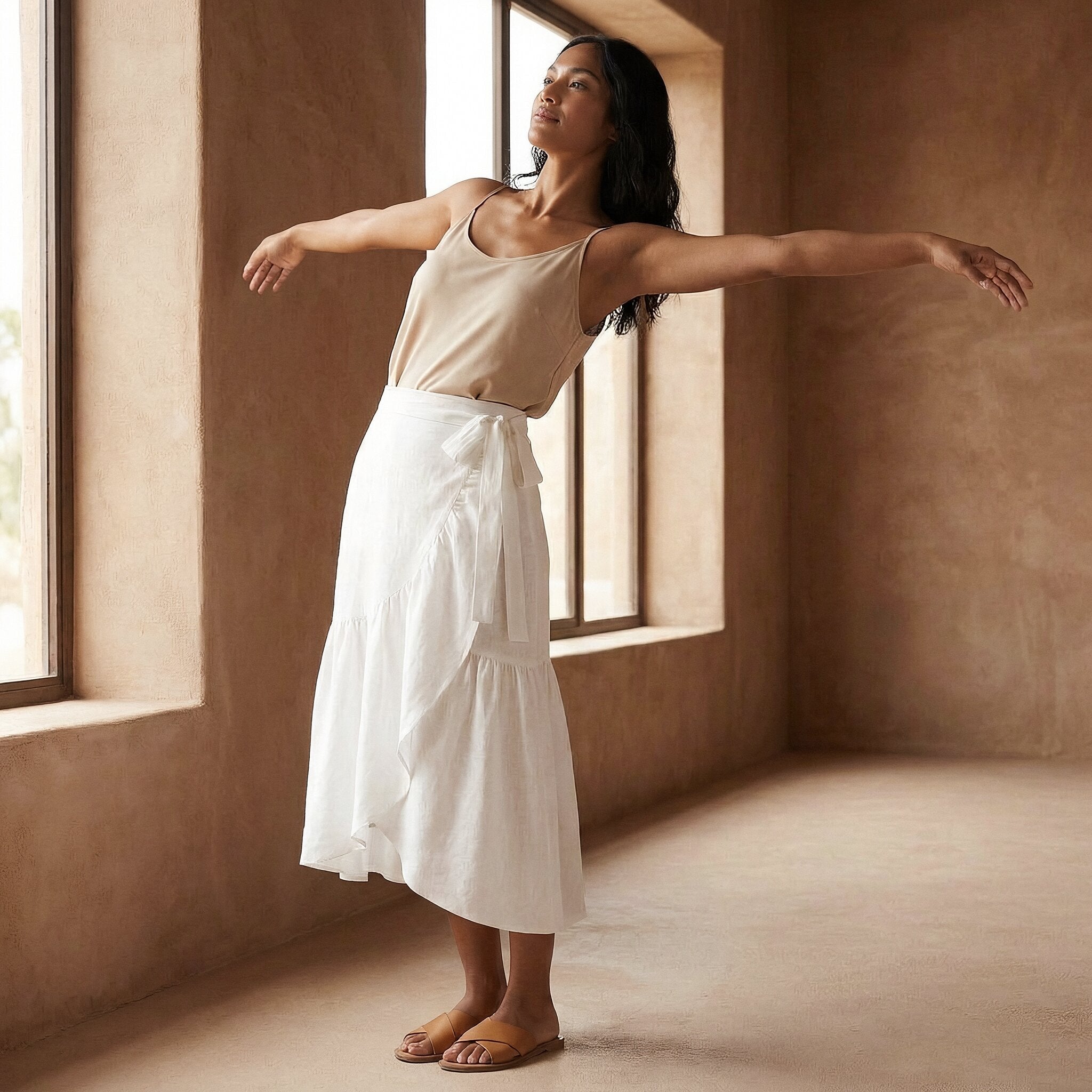 White Cotton Ruffle Midi Wrap Skirt