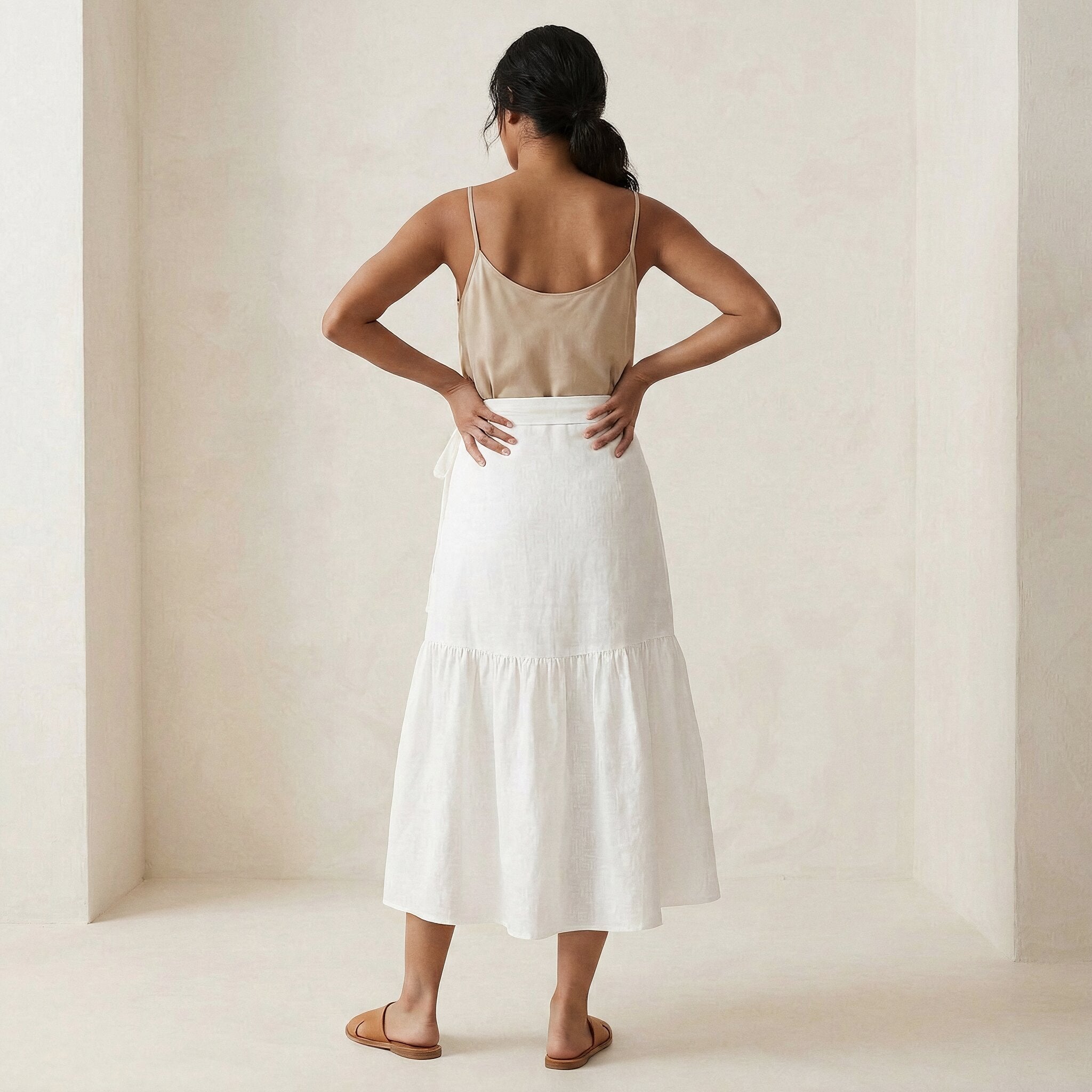 White Cotton Ruffle Midi Wrap Skirt