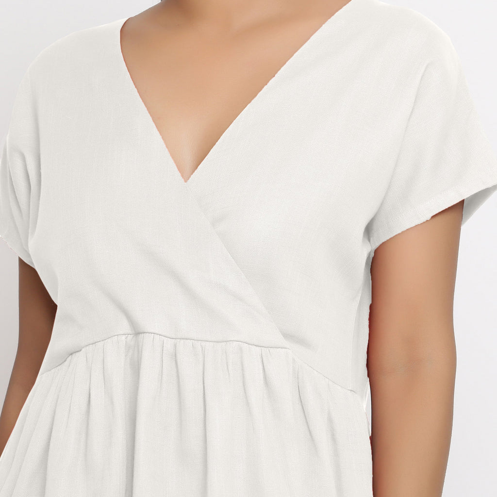 Front Detail of a Model wearing White Cotton Solid Wrap Dress