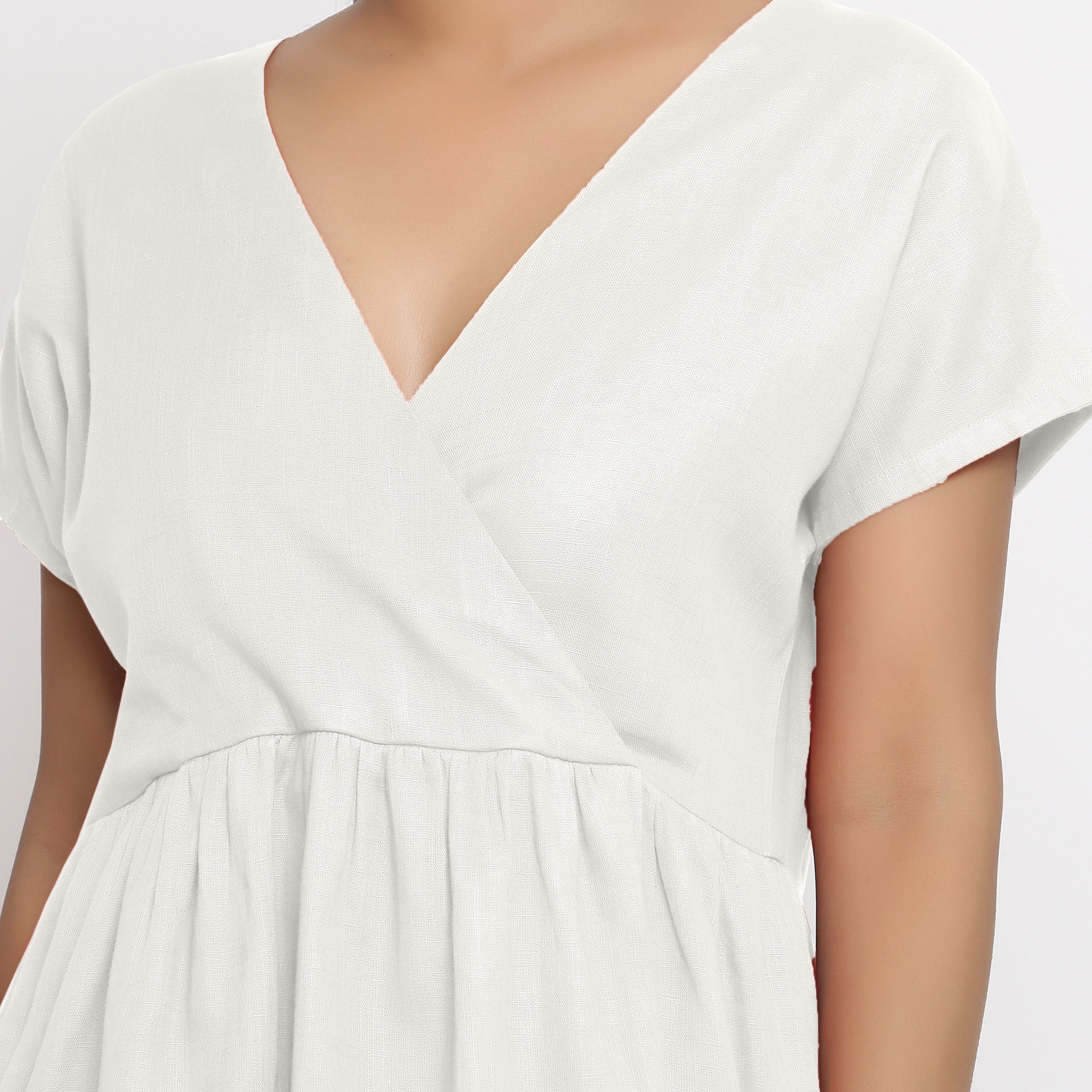 Front Detail of a Model wearing White Cotton Solid Wrap Dress