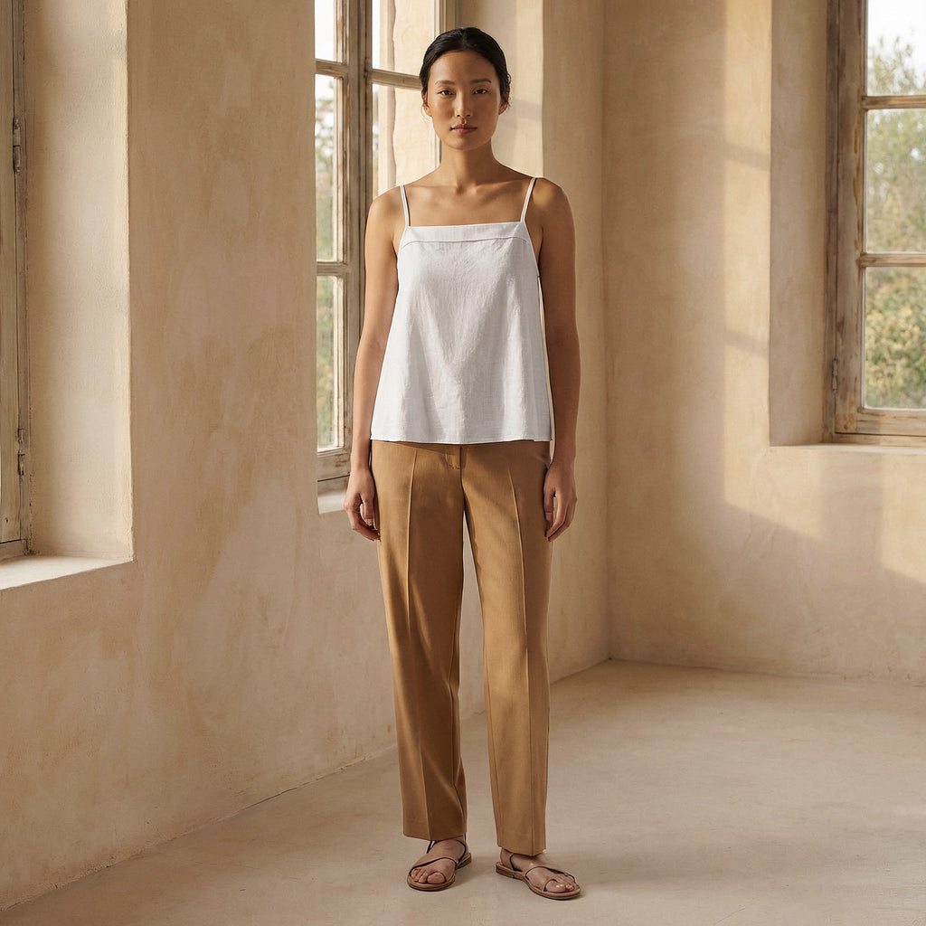 White Cotton Spaghetti Strap Top with Elastic Gathered Back