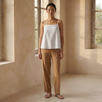 White Cotton Spaghetti Strap Top with Elastic Gathered Back