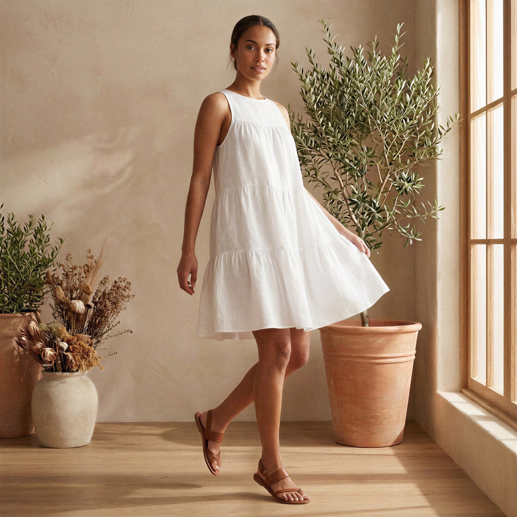 White Cotton Tiered Mini Sundress