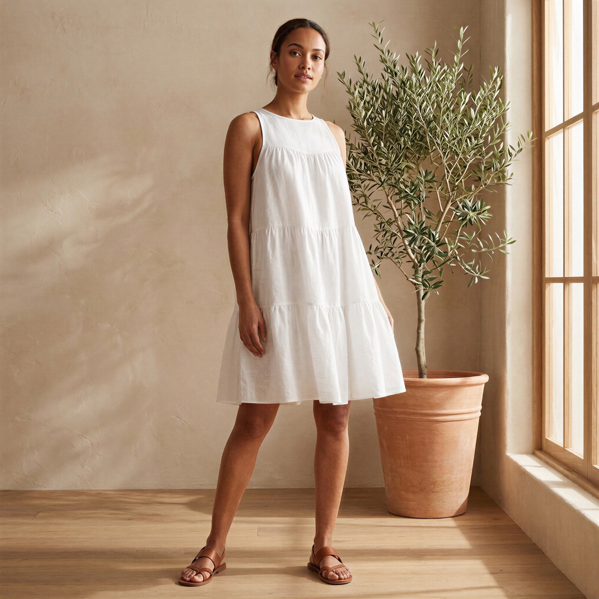 White Cotton Tiered Mini Sundress