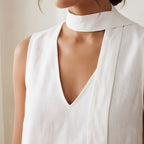 White Cotton V-Neck Short Shift Dress with Scarf-Belt