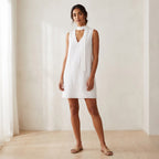 White Cotton V-Neck Short Shift Dress with Scarf-Belt