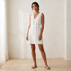 White Cotton V-Neck Short Shift Dress with Scarf-Belt