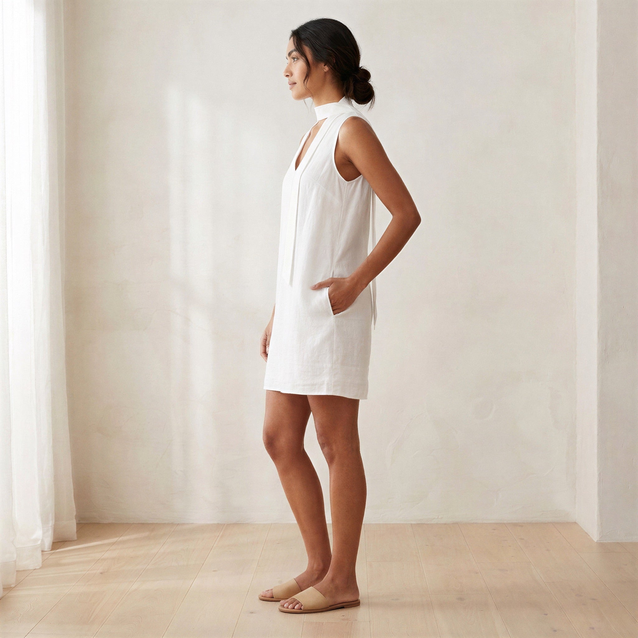 White Cotton V-Neck Short Shift Dress with Scarf-Belt