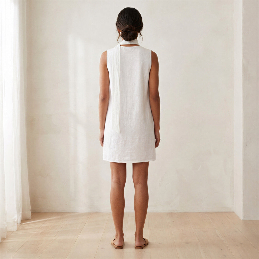White Cotton V-Neck Short Shift Dress with Scarf-Belt