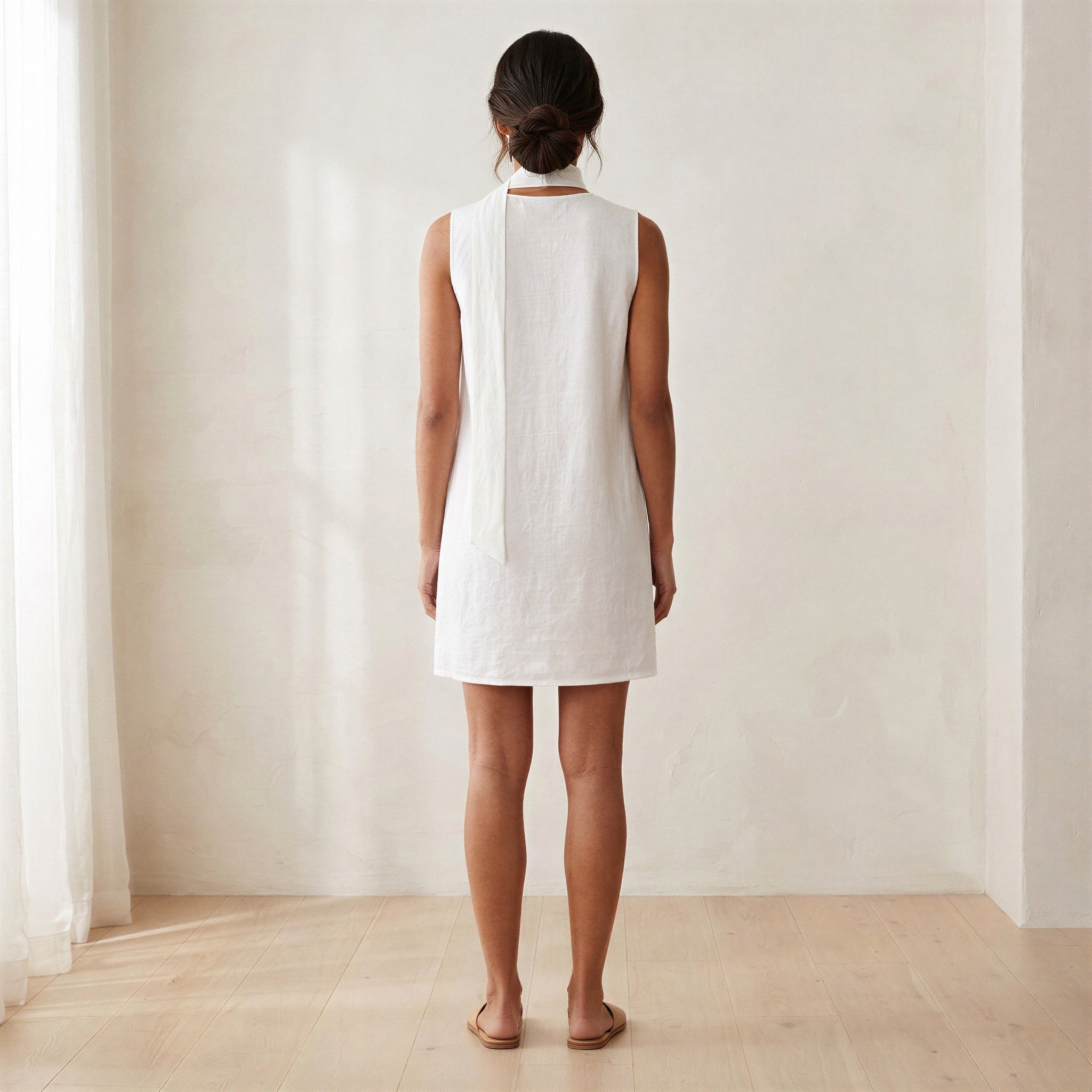 White Cotton V-Neck Short Shift Dress with Scarf-Belt