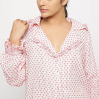 Front Detail of a Model wearing White Crinkled Cotton Notched Frill Collar Shirt