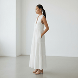 White Crinkled Cotton V-Neck Maxi Tier Dress
