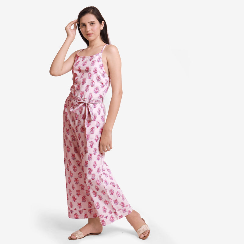 Front View of a Model wearing White Block Print Ankle Length Cotton Camisole Jumpsuit