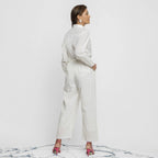 Back View of a Model wearing Solid White Hand Beaded Straight Pant