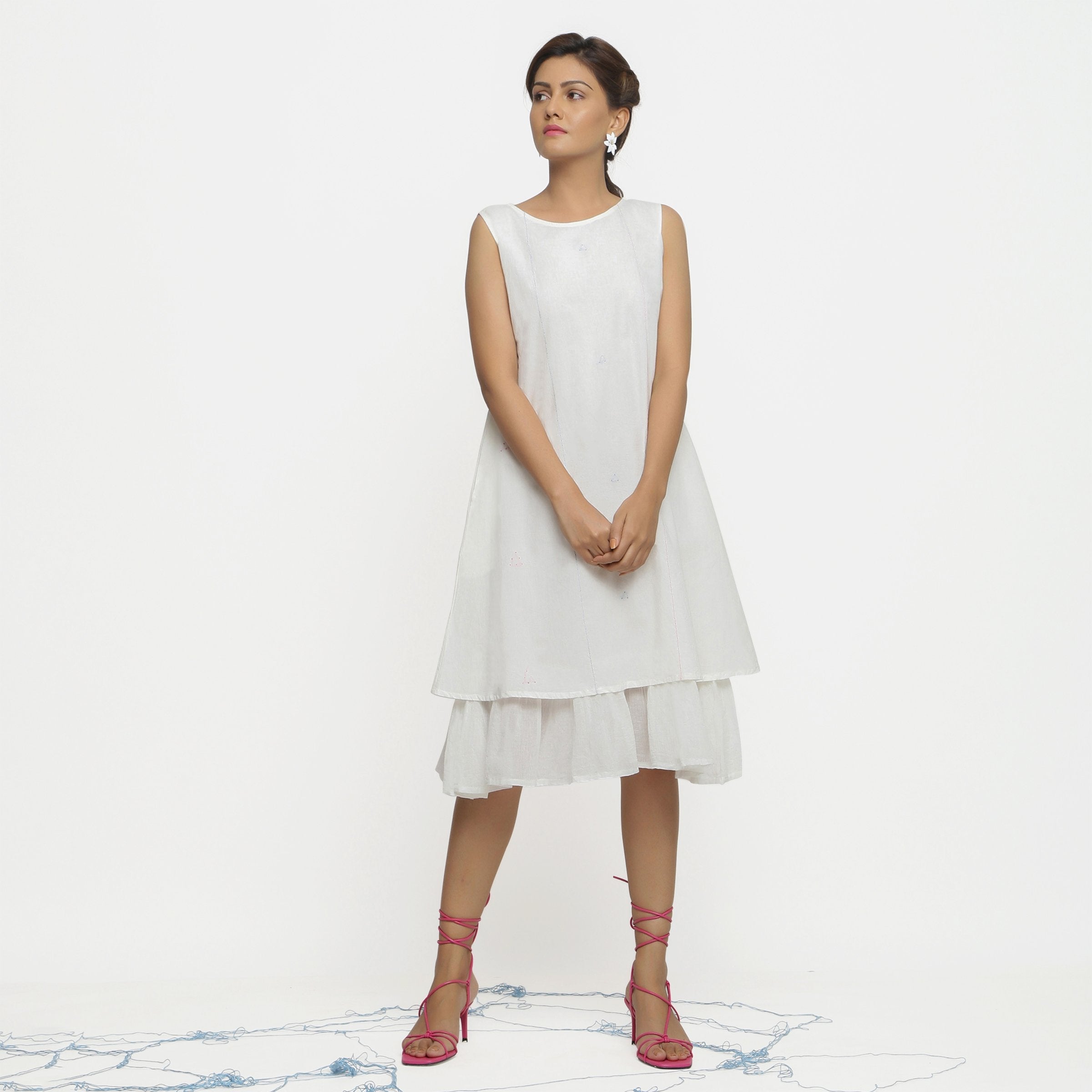Front View of a Model wearing White Organic Cotton A-Line Knee Length Dress
