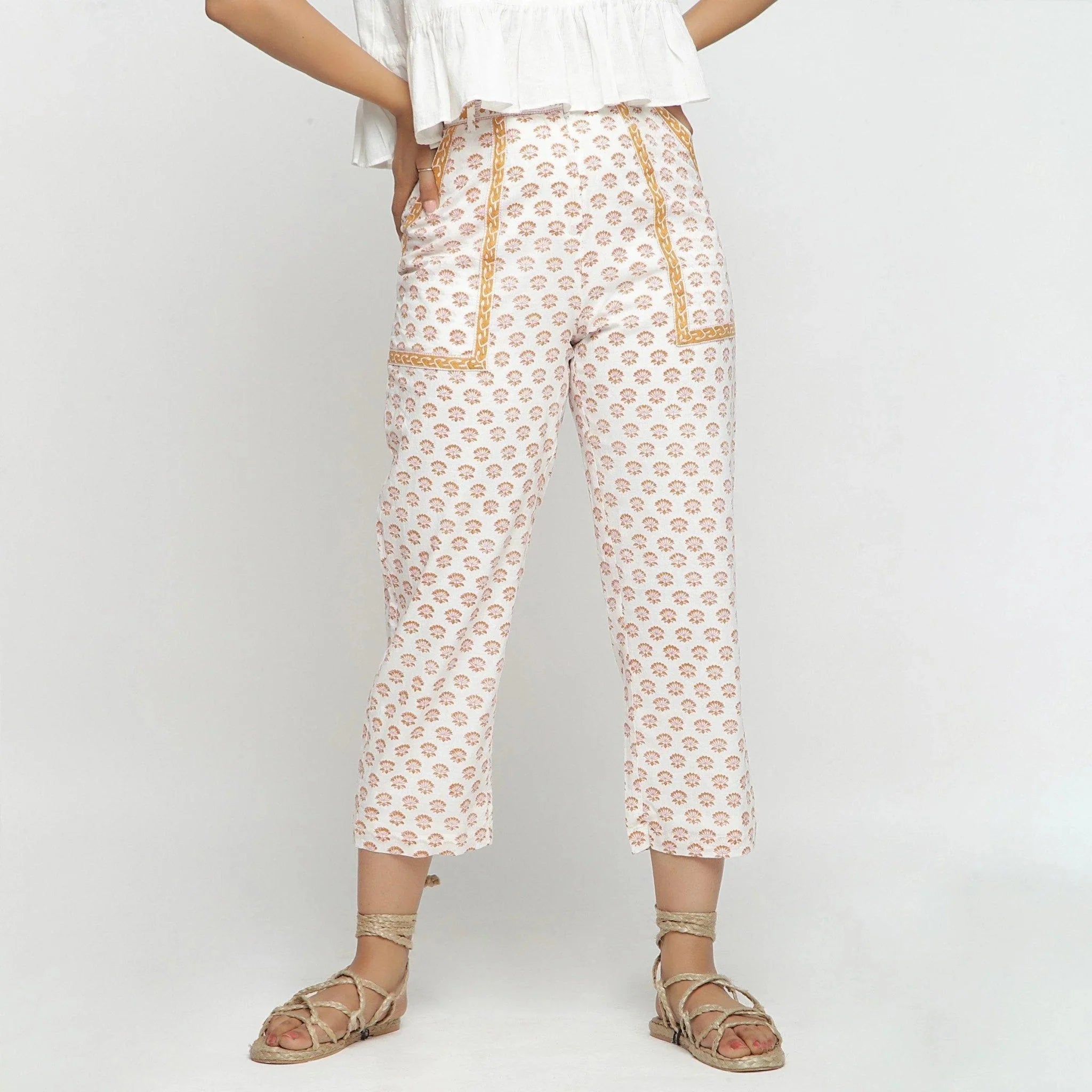 Front View of a Model wearing Floral Block Printed Straight Fit Pant