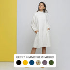 Front View of a Model wearing White Floral Cotton Schiffli Knee Length Stand Collar Dress