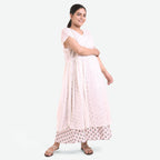 Right View of a Model wearing White Checks Hand Beaded Cotton Midi Gathered Dress