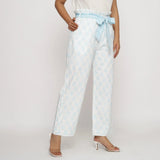 Right View of a Model wearing White Paisley Block Printed Paperbag Cotton Pant