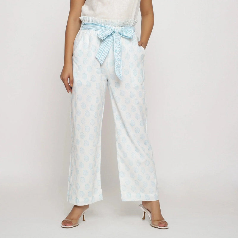 Front View of a Model wearing White Paisley Block Printed Paperbag Cotton Pant