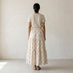 White-Peach Floral Hand Print Cotton Elasticated Maxi Tier Skirt