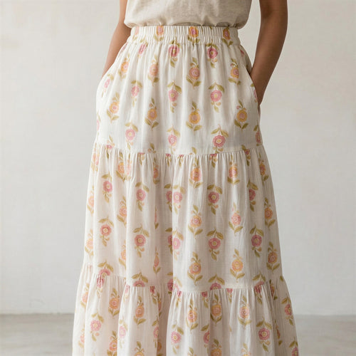 White-Peach Floral Hand Print Cotton Elasticated Maxi Tier Skirt