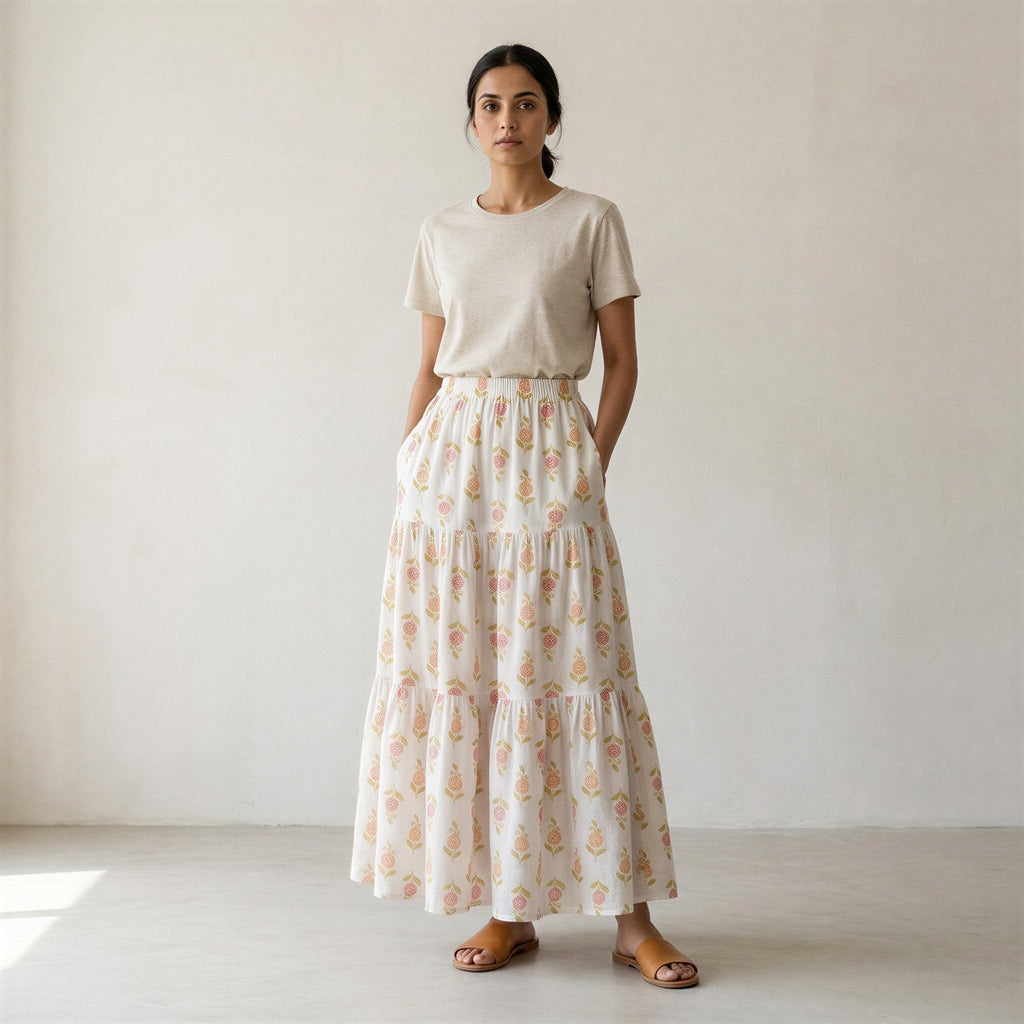 White-Peach Floral Hand Print Cotton Elasticated Maxi Tier Skirt