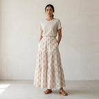 White-Peach Floral Hand Print Cotton Elasticated Maxi Tier Skirt