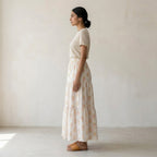White-Peach Floral Hand Print Cotton Elasticated Maxi Tier Skirt