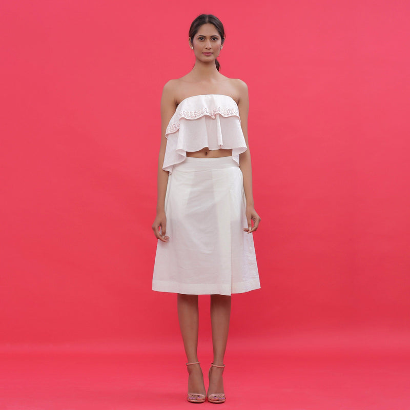 Front View of a Model wearing White Poplin A-Line Hand Beaded Skirt