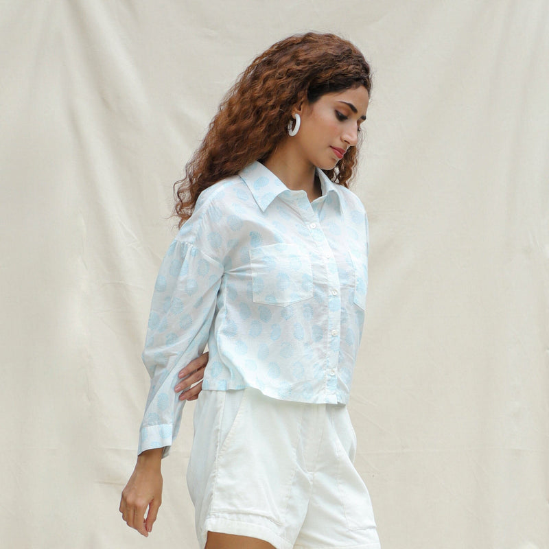 Right View of a Model wearing White and Powder Blue Paisley Block Printed Cotton Button-Down Shirt