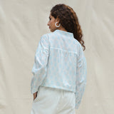 Back View of a Model wearing White and Powder Blue Paisley Block Printed Cotton Button-Down Shirt