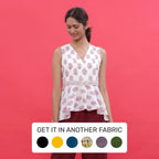 Front View of a Model wearing White Sanganeri Block Print High-Low Cotton Top