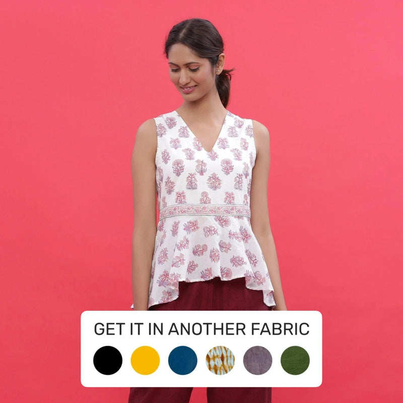 Front View of a Model wearing White Sanganeri Block Print High-Low Cotton Top