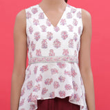 Front Detail of a Model wearing White Sanganeri Block Print High-Low Cotton Top