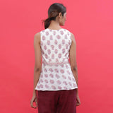 Back View of a Model wearing White Sanganeri Block Print High-Low Cotton Top