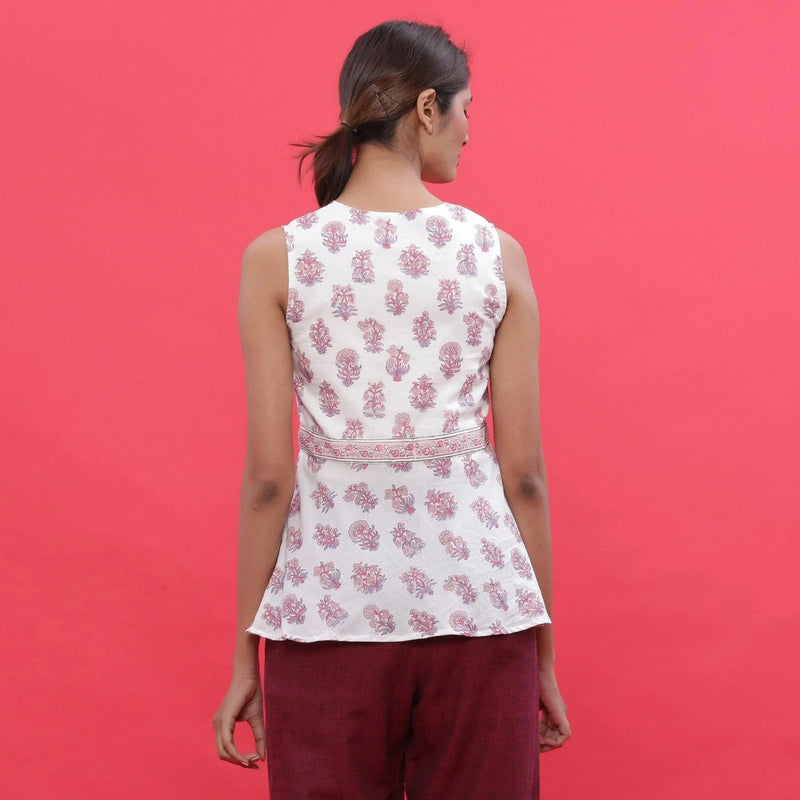 Back View of a Model wearing White Sanganeri Block Print High-Low Cotton Top