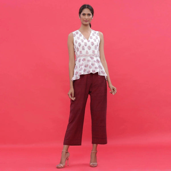 Front View of a Model wearing White Sanganeri Block Print High-Low Cotton Top