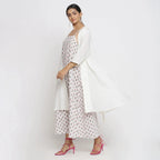 Left View of a Model wearing White Striped Knee Length Cotton Overlay