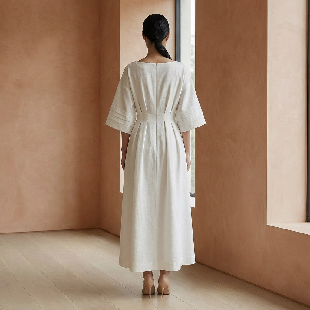 White Warm Cotton Flannel Boat Neck Maxi Dress with Kimono Sleeves