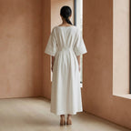 White Warm Cotton Flannel Boat Neck Maxi Dress with Kimono Sleeves