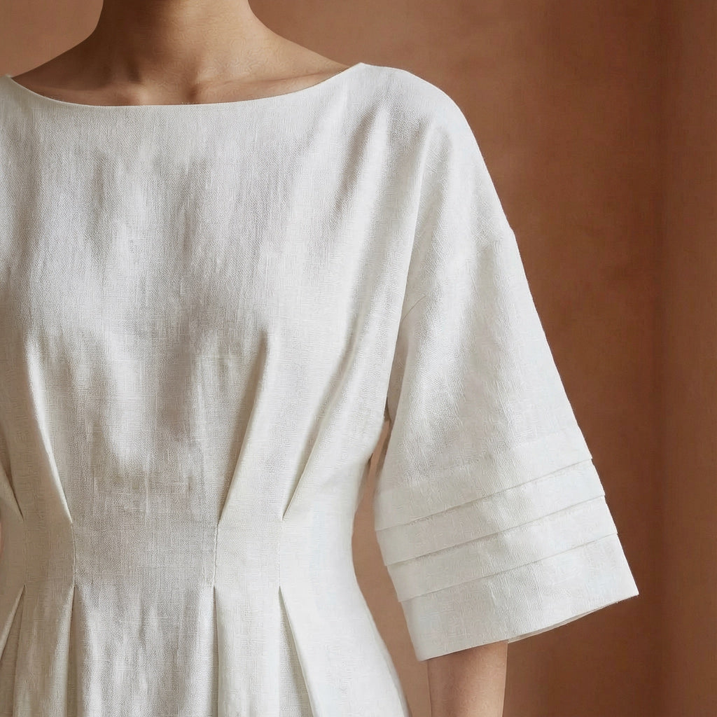 White Warm Cotton Flannel Boat Neck Maxi Dress with Kimono Sleeves