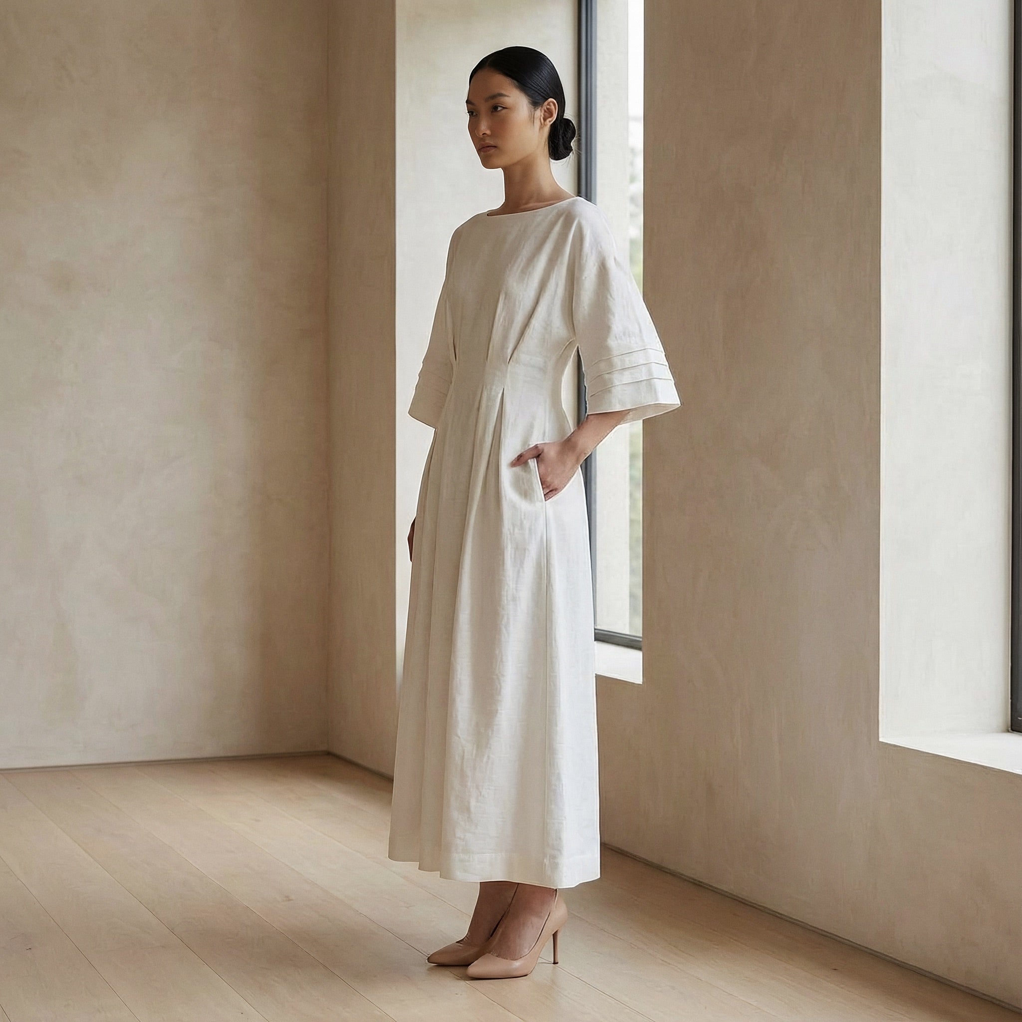 White Warm Cotton Flannel Boat Neck Maxi Dress with Kimono Sleeves