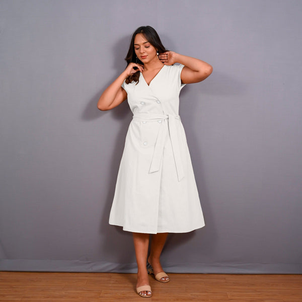 White Warm Cotton Flannel Button-Down A-Line Midi Dress