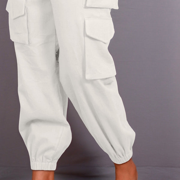 White Warm Cotton Flannel Elasticated Cargo Jogger Pant