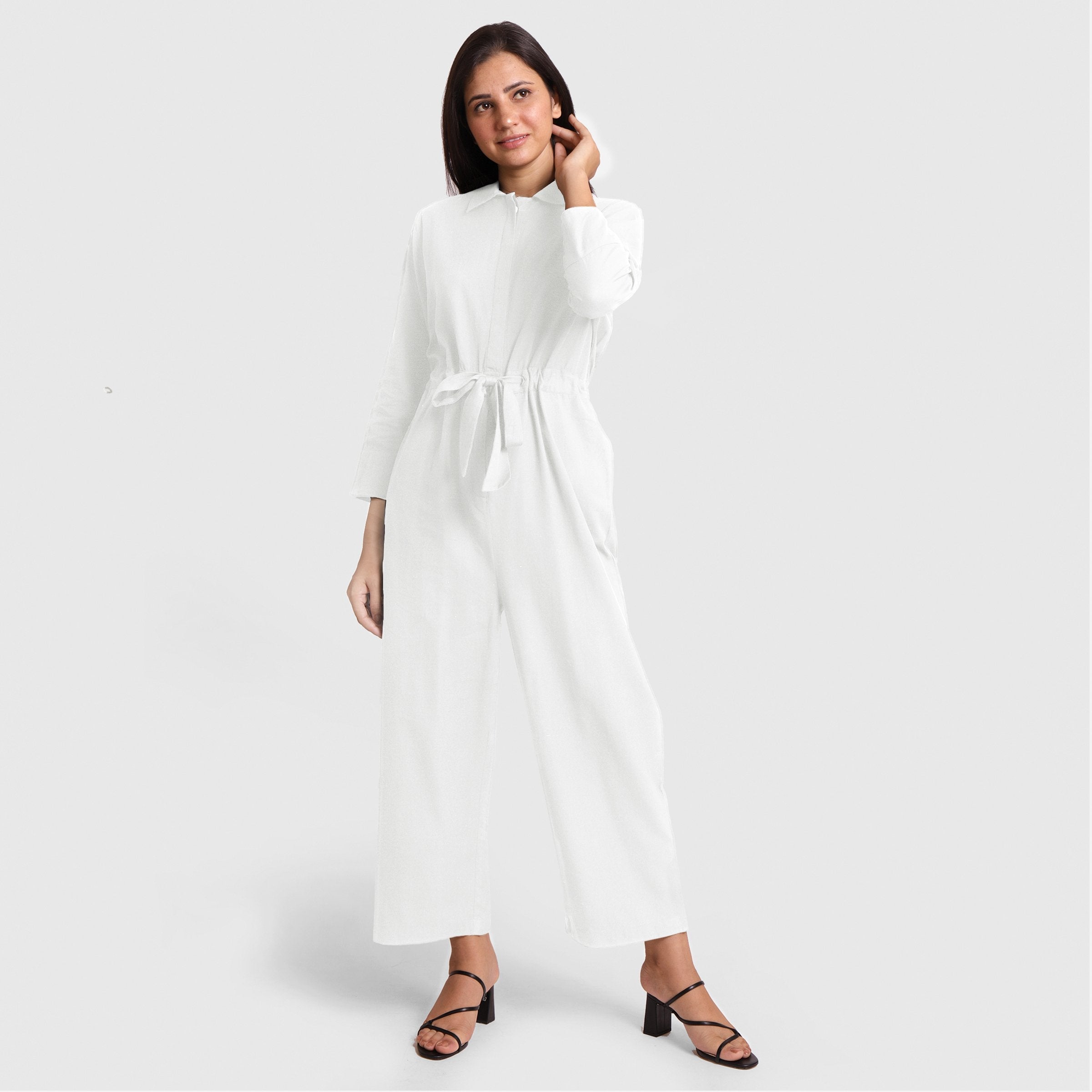 Front View of a Model wearing White Wide Legged Cotton Overall