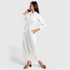 Left View of a Model wearing White Wide Legged Cotton Overall