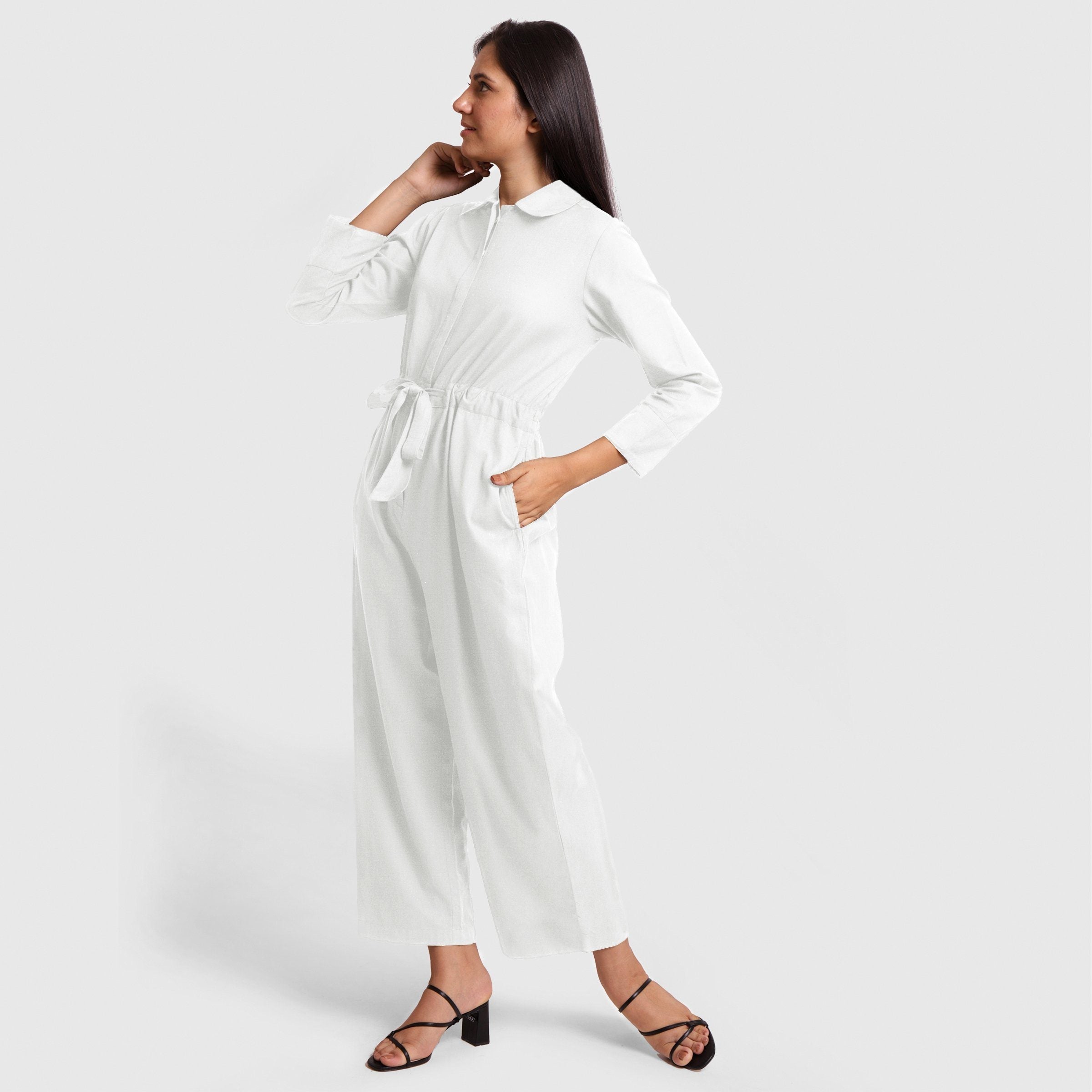Left View of a Model wearing White Wide Legged Cotton Overall