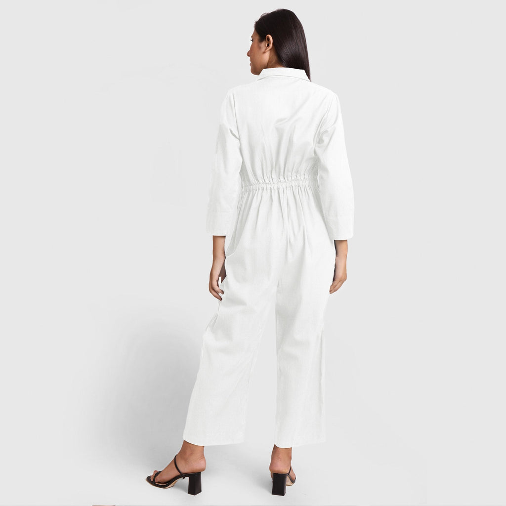 Back View of a Model wearing White Wide Legged Cotton Overall