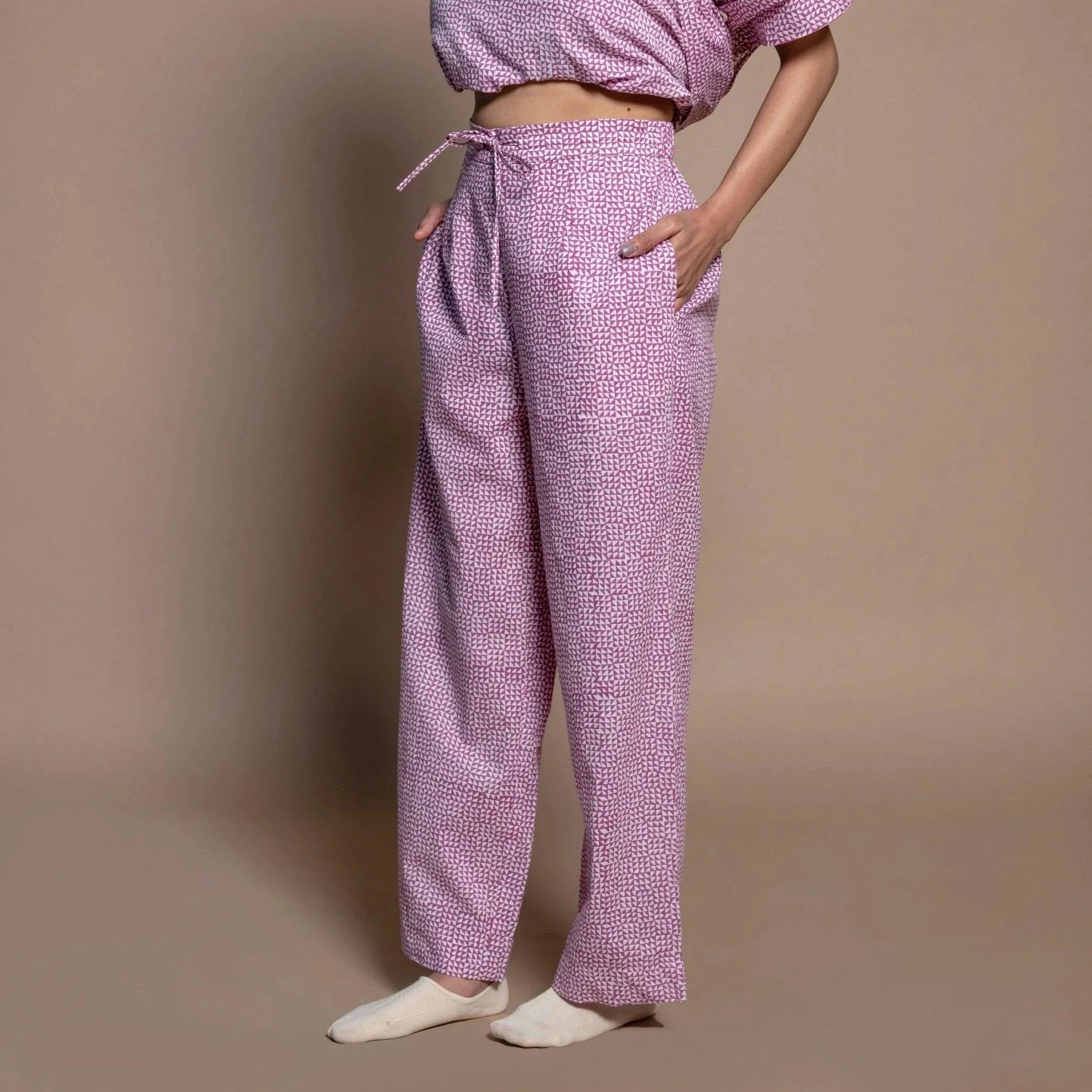 Left View of a Model wearing Wine 100% Cotton Block Printed High-Rise Pant